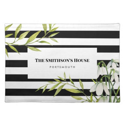 Watercolor White Snowdrops and Laurel Stripes Cloth Placemat