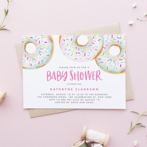 Watercolor White Sprinkle Donuts Baby Shower Invitation