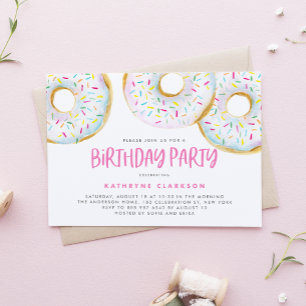 Watercolor White Sprinkle Donuts Birthday Party Invitation