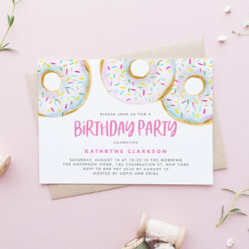 Watercolor White Sprinkle Donuts Birthday Party Invitation by misstallulah at Zazzle