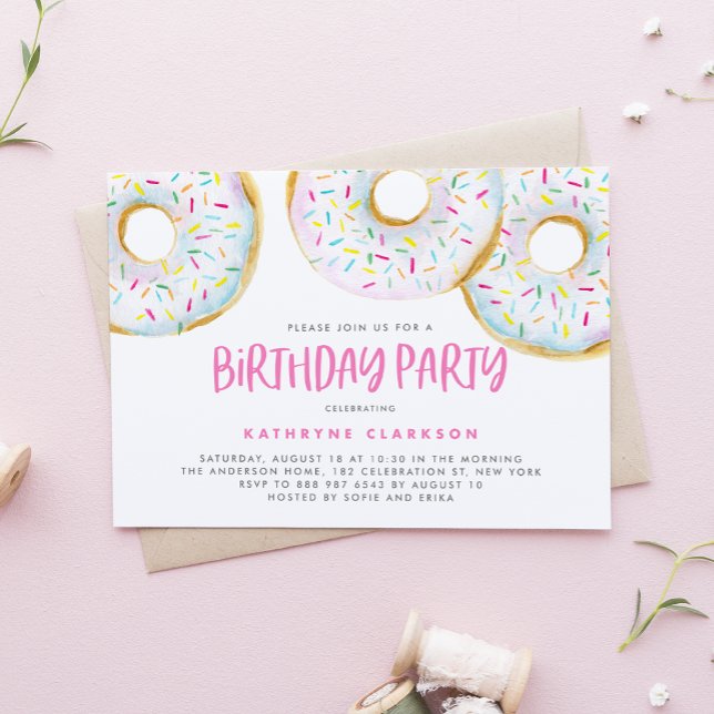 Watercolor White Sprinkle Donuts Birthday Party Invitation (Creator Uploaded)