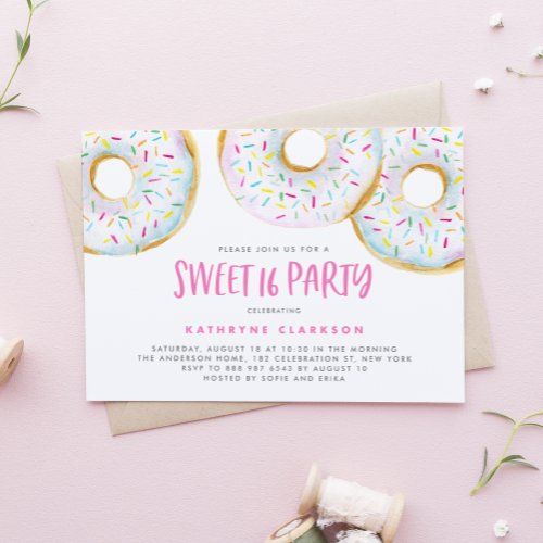 Watercolor White Sprinkle Donuts Sweet 16 Party Invitation
