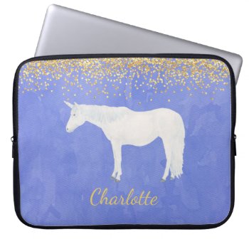 Watercolor White Unicorn Blue Gold Confetti Laptop Sleeve by PandaCatGallery at Zazzle
