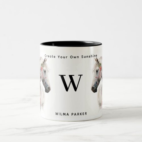 Watercolor White Unicorn Horse Monogram w Name    Two_Tone Coffee Mug