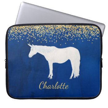 Watercolor White Unicorn Navy Blue Gold Confetti Laptop Sleeve by PandaCatGallery at Zazzle