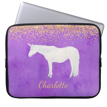 Watercolor White Unicorn Purple Gold Confetti Laptop Sleeve by PandaCatGallery at Zazzle