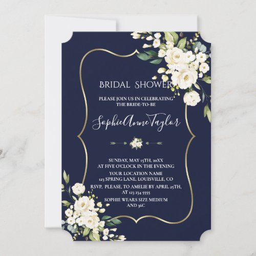 Watercolor White White Floral Gold Bridal Shower Invitation