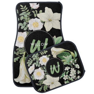 Watercolor White Wildflowers Sage Green Monogram Car Floor Mat