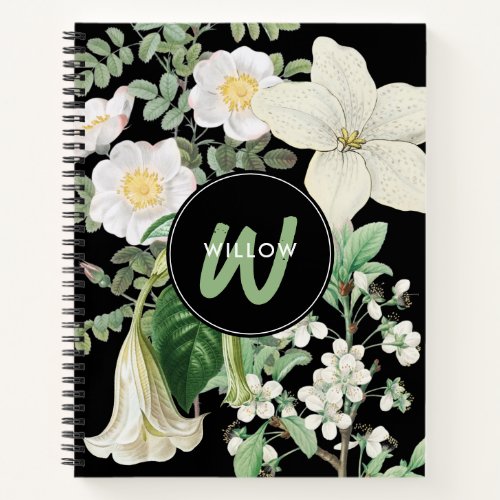 Watercolor White Wildflowers Sage Green Monogram  Notebook