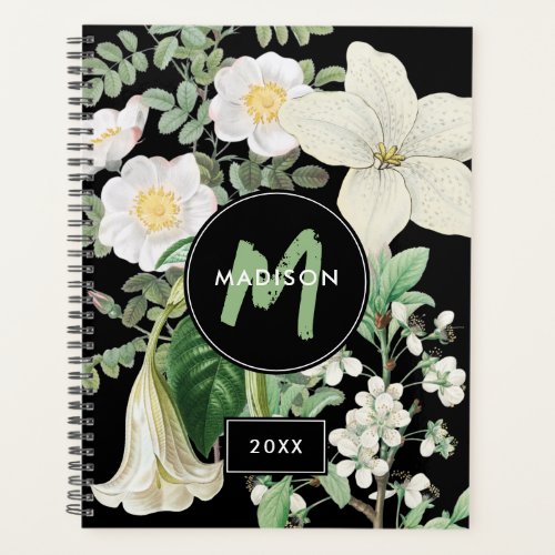 Watercolor White Wildflowers Sage Green Monogram Planner