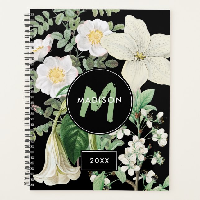 Watercolor White Wildflowers Sage Green Monogram Planner (Front)