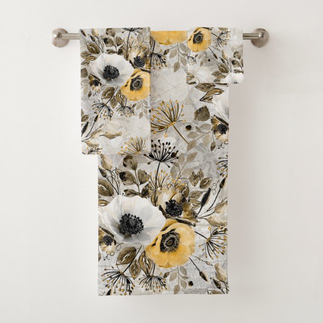 Watercolor white, yellow flowers  bath towel set (Insitu)