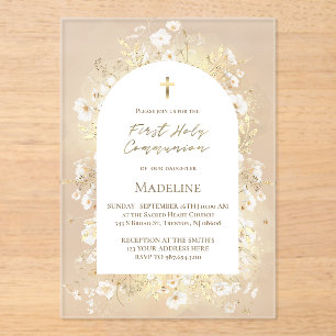 watercolor white yellow flowers First Communion Acrylic Invitations
