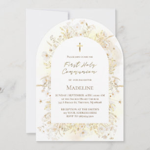 watercolor white yellow flowers First Communion Invitation