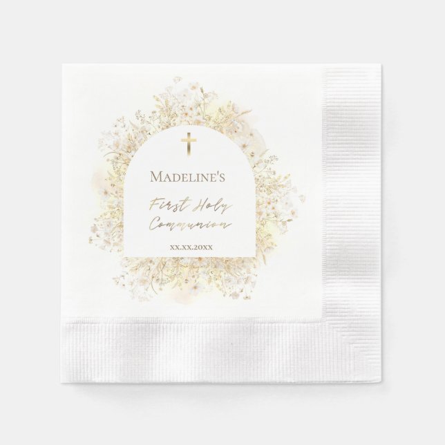 watercolor white yellow flowers First Communion Napkins (Front)