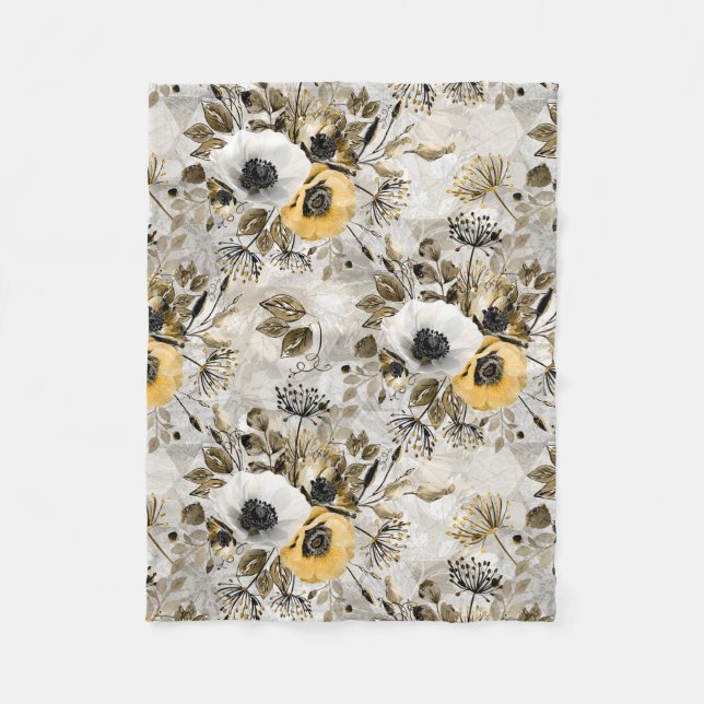 Watercolor white, yellow flowers fleece blanket (Front)