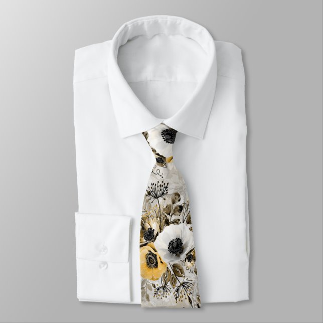 Watercolor white, yellow flowers  neck tie (Tied)
