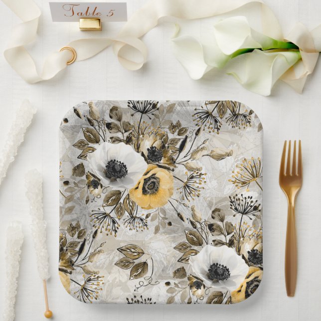 Watercolor white, yellow flowers paper plates (Wedding)