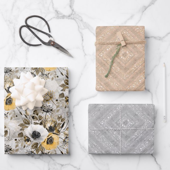 Watercolor white, yellow flowers wrapping paper sheets (Front)