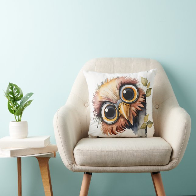 Watercolor Wide-eyed Bird  Throw Pillow (Chair)