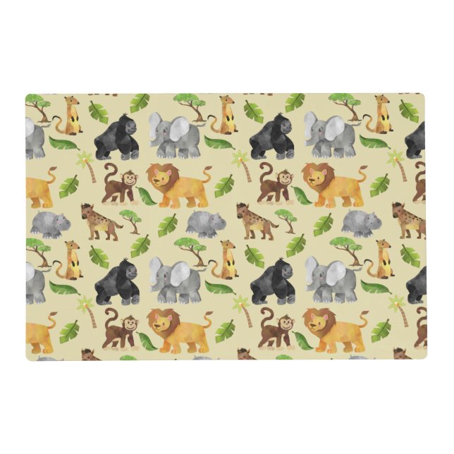 Watercolor Wild Animal Safari Jungle Pattern Placemat (Front)