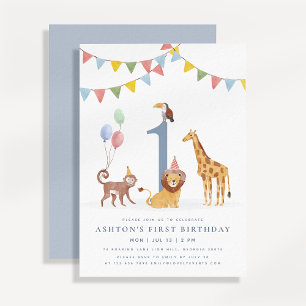 Watercolor Wild Animals First Birthday Invitation