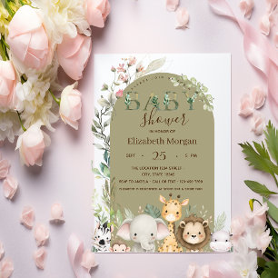 Watercolor Wild Animals Flowers Baby Shower   Invitation
