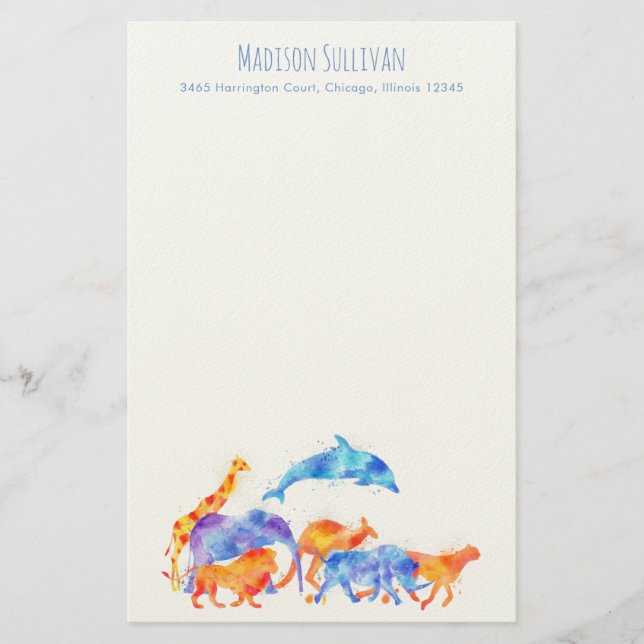 Watercolor Wild Animals Running Together Stationery (Front)