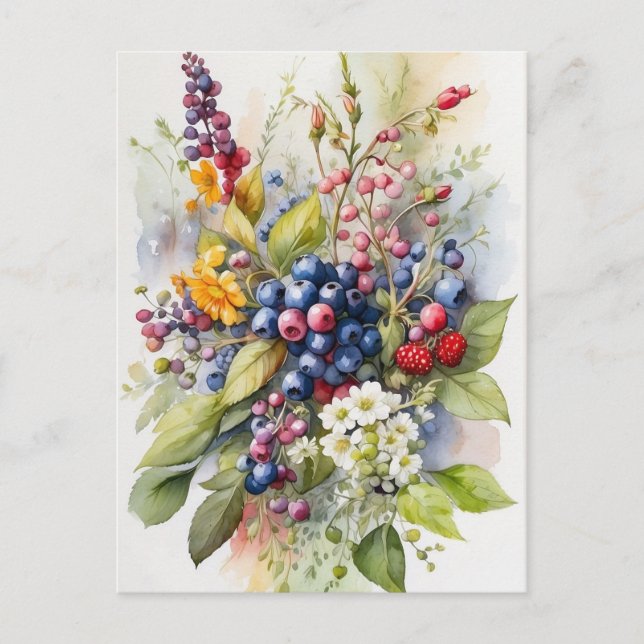 Watercolor Wild Berries and Flowers Nature  Postcard (Front)