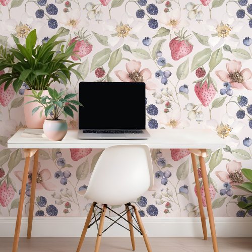 Watercolor Wild Berries Strawberry Floral Pattern Wallpaper