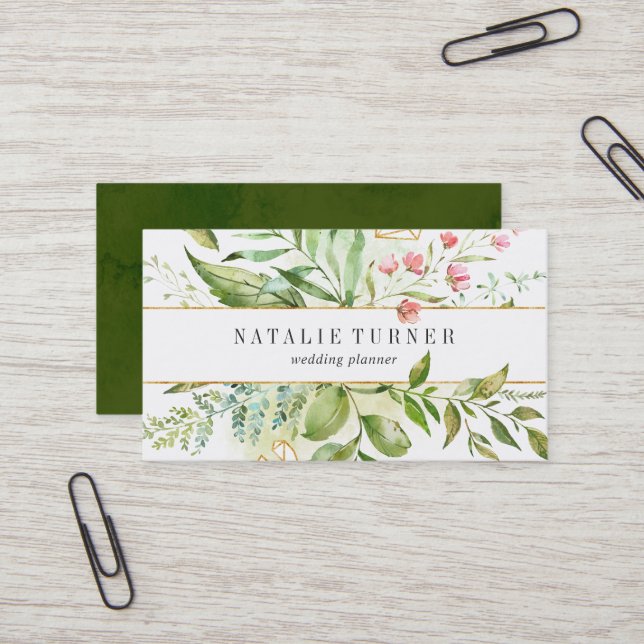 Watercolor Wild Floral Green Foliage Business Card (Front/Back In Situ)
