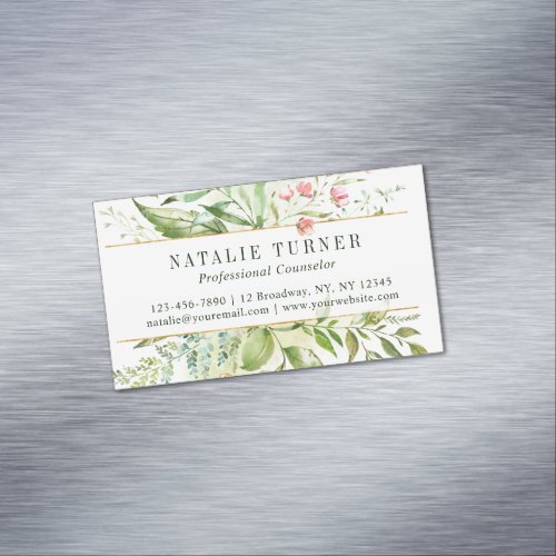 Watercolor Wild Floral Green Foliage Business Card Magnet