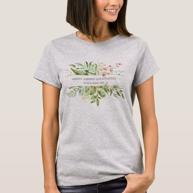 Watercolor Wild Floral Green Foliage Gray T-Shirt (Front)