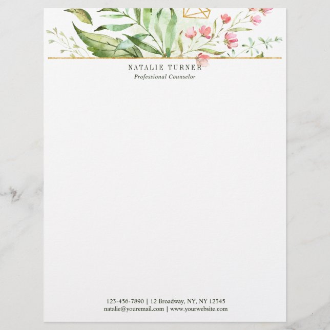 Watercolor Wild Floral Green Foliage Letterhead (Front)