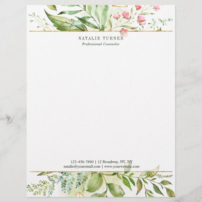 Watercolor Wild Floral Green Foliage Letterhead (Front)