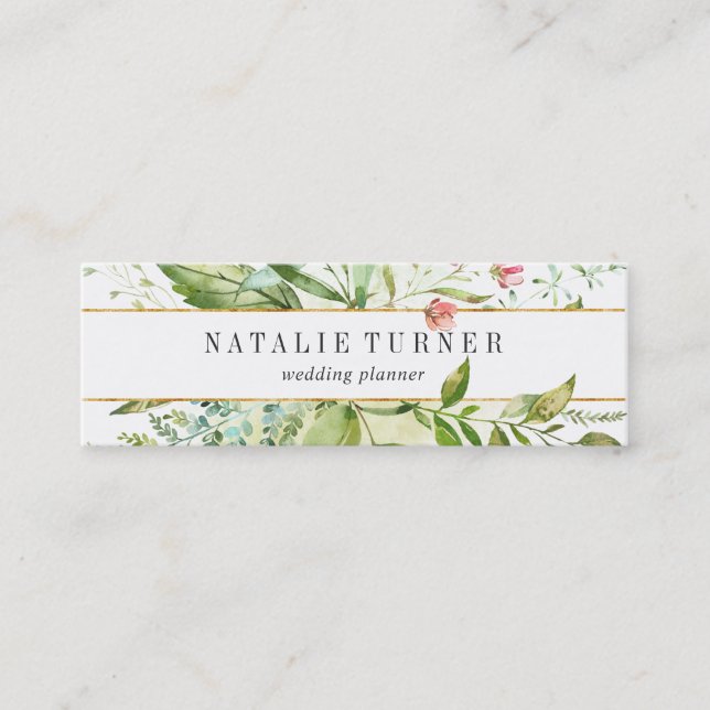 Watercolor Wild Floral Green Foliage Mini Business Card (Front)