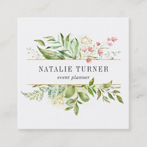 Watercolor Wild Floral Green Foliage Square Business Card