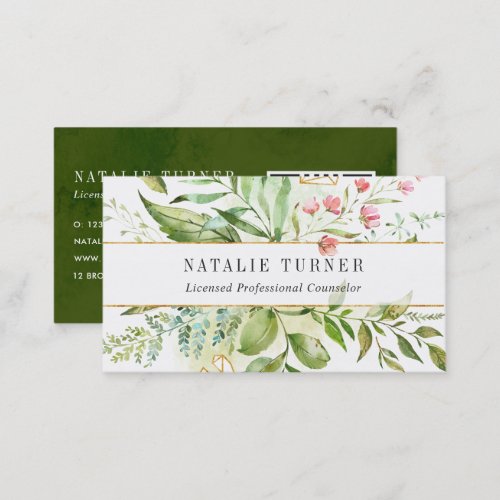 Watercolor Wild Floral Green Foliage with QR Code Business Card