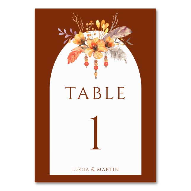 Watercolor Wild Floral Terracotta Monogram Wedding Table Number (Front)