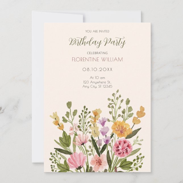 Watercolor wild flower bouquet birthday invitation (Front)