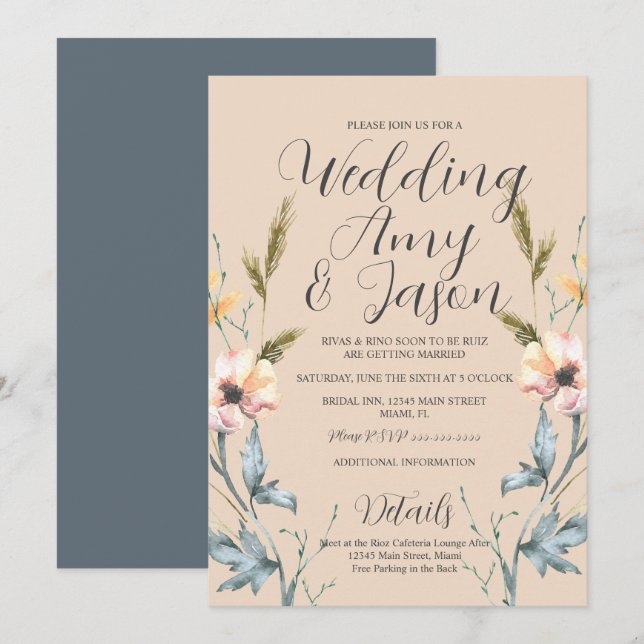 Watercolor Wild Flower Cream and Gray Wedding Invitation (Front/Back)