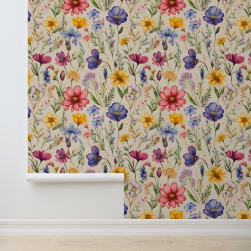 Watercolor Wild Flower Field on Cream  Wallpaper