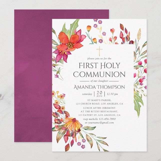 Watercolor Wild Flower First Holy Communion Invitation (Front/Back)