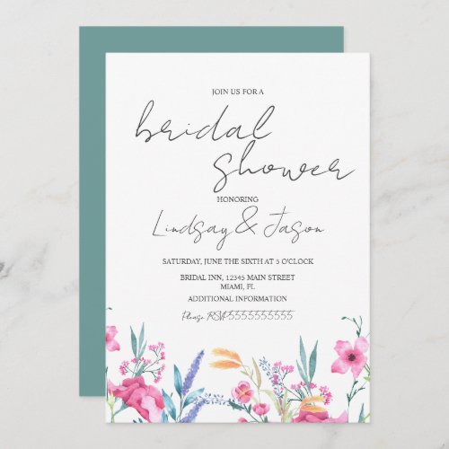 Watercolor Wild Flower Green Script Bridal Shower Invitation