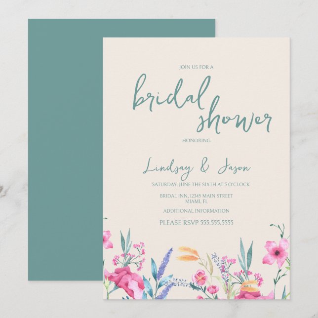 Watercolor Wild Flower Mix Script Bridal Shower Invitation (Front/Back)