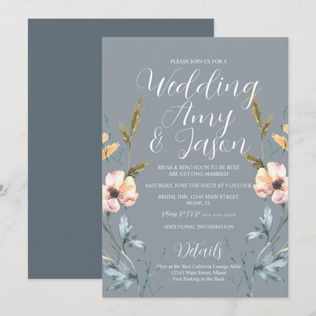 Watercolor Wild Flower Muted Gray Wedding Invitation (Front/Back)