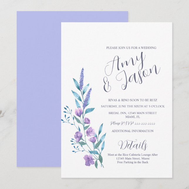 Watercolor Wild Flower Muted Lavender Wedding Invitation (Front/Back)