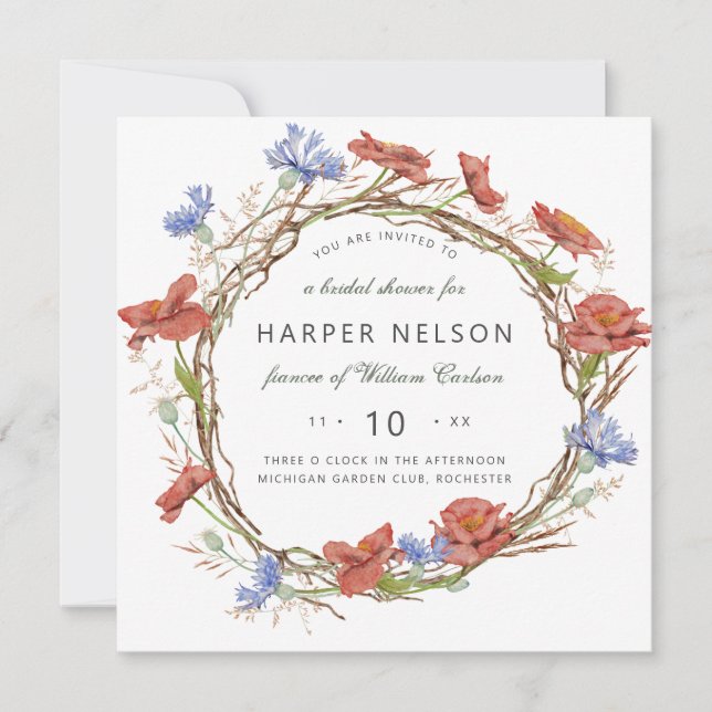 Watercolor wild flower wreath bridal shower invitation (Front)