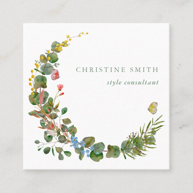 Watercolor Wild Flower Wreath  Square Business Card (Front)
