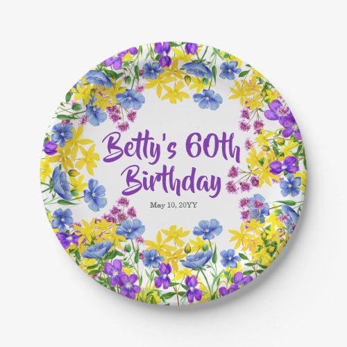 Watercolor Wild Flowers 60th Birthday Party Paper Plates
